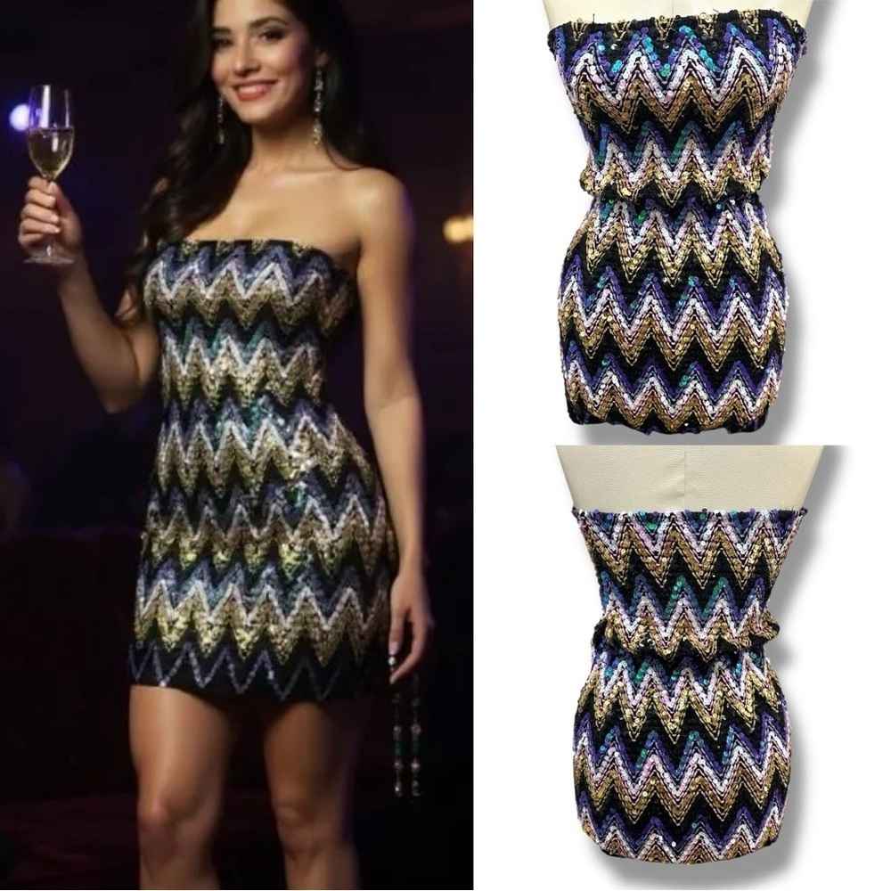 159 Forever 21 | NWOT Black Strapless Sequin Zigzag Party Mini Dress (Size S)